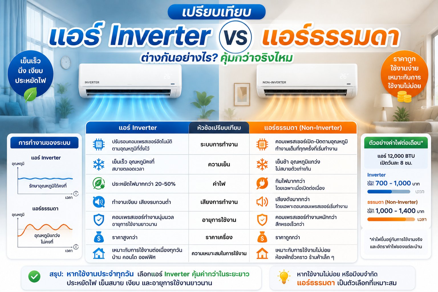 เปรียบเทียบ แอร์ Inverter กับแอร์ธรรมดา ต่างกันอย่างไร คุ้มกว่าจริงไหม